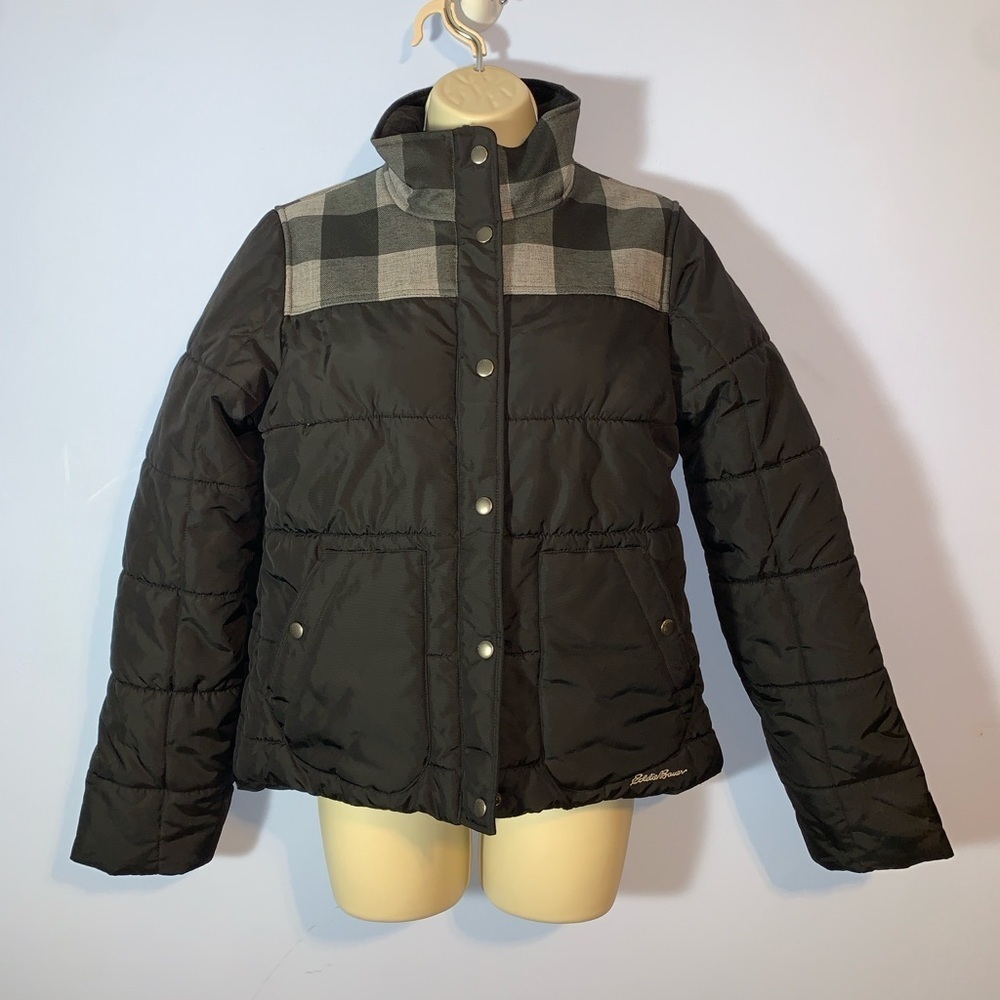 Eddie Bauer Black Puffer Jacket with Plaid shoulders corduroy collar size small